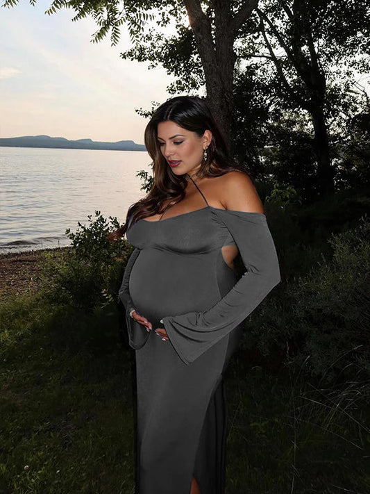 fotobeyou Dark Grey Off Shoulder Cut Out Side Slit Backless Cami Flare Sleeve Chic Going Out Party Maternity Photoshoot Baby Shower Maxi Dress