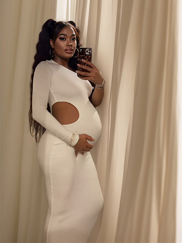 fotobeyou One Shoulder Cut Out Irregular Bodycon Long Sleeve Fashion Baby Shower Maternity Maxi Dress