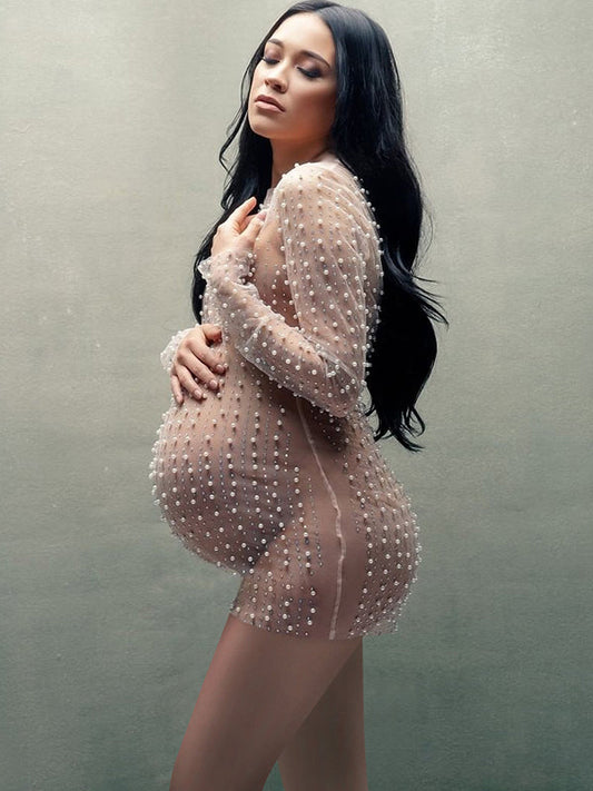 fotobeyou Solid Color Pear Rhinestone Sheer Long Sleeve Fashion Photoshoot Maternity Baby Shower Mini Dress