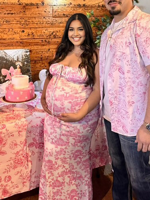 fotobeyou Pink Crushed Flower Spaghetti Strap lace-up Ruched Banquet Party Baby Shower Maternity Photoshoot Maxi Dress