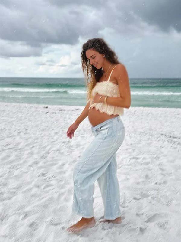 fotobeyou Beige Embroidery Spaghetti Strap Photoshoot Maternity Top