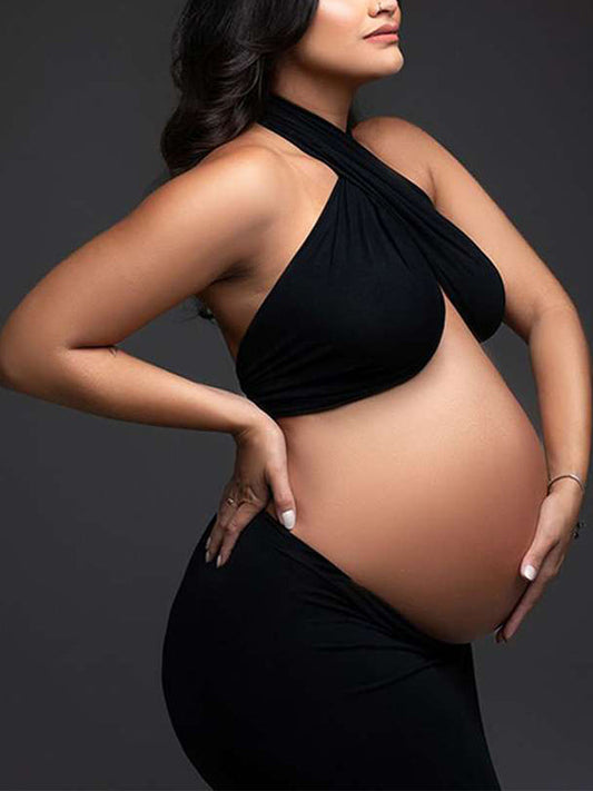 fotobeyou Black Cut Out Crop Thigh High Side Slits Ruched Knot Halter Neck Fashion Photoshoot Maternity Maxi Dress