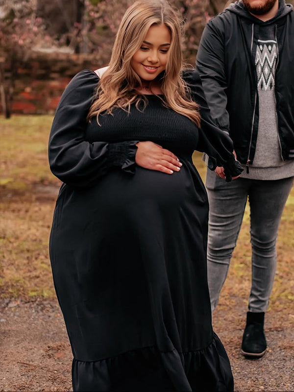 Black Smocked Falbala High Waisted Maternity Photoshoot Maxi Dress