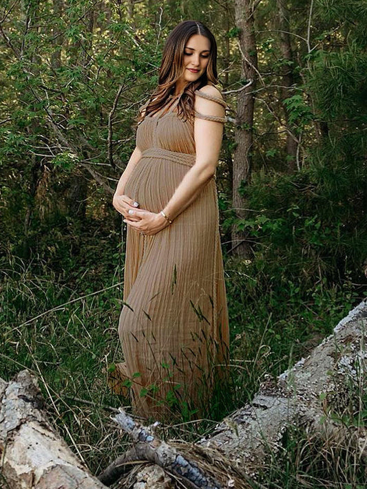 fotobeyou Solid Color Drawstring Backless Cut Out Linen Cotton Vacation Gown Photoshoot Maternity Maxi Dress