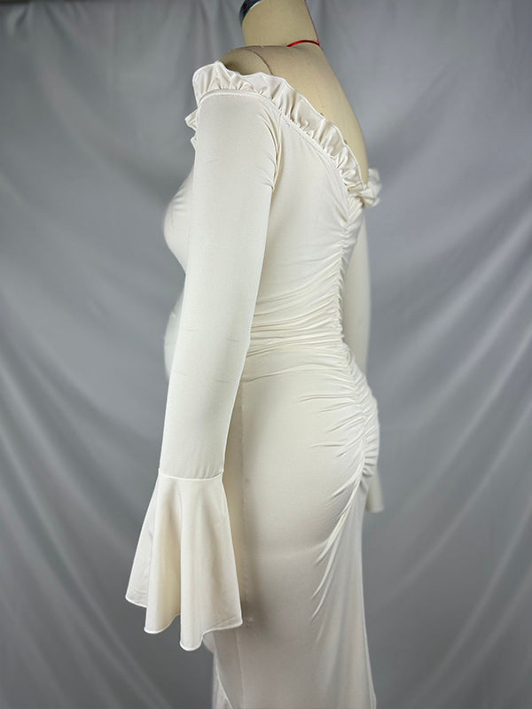 fotobeyou Beige Off Shoulder Ruffle Falbala Ruched Slit Mermaid Elegant Maternity Baby Shower Maxi Dress