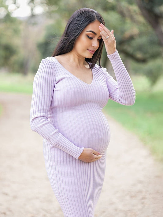 Fotobeyou Light Purple V Neck Crochet Trench Maternity Photoshoot Sweater Maxi Dress