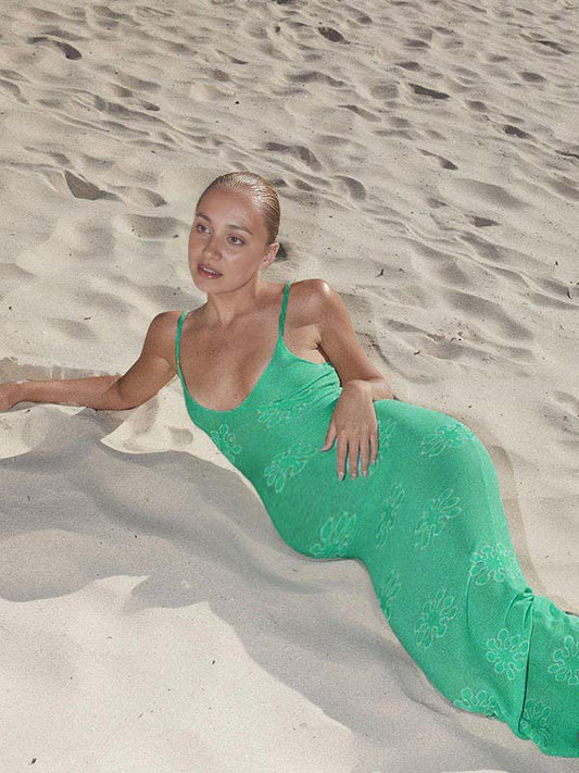 fotobeyou Green Spaghetti Strap Tribal Vacation Beach Maternity Photoshoot Maxi Dress