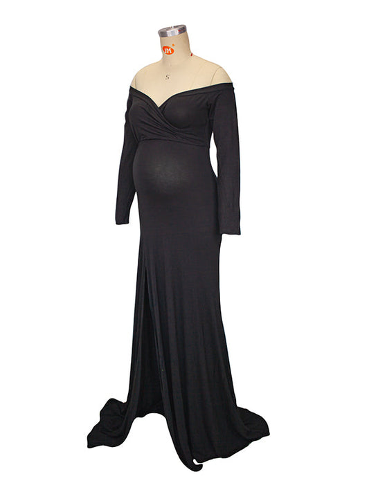 fotobeyou Side Split Mermaid Off Shoulder Bodycon Photoshoot Maternity Maxi Dress