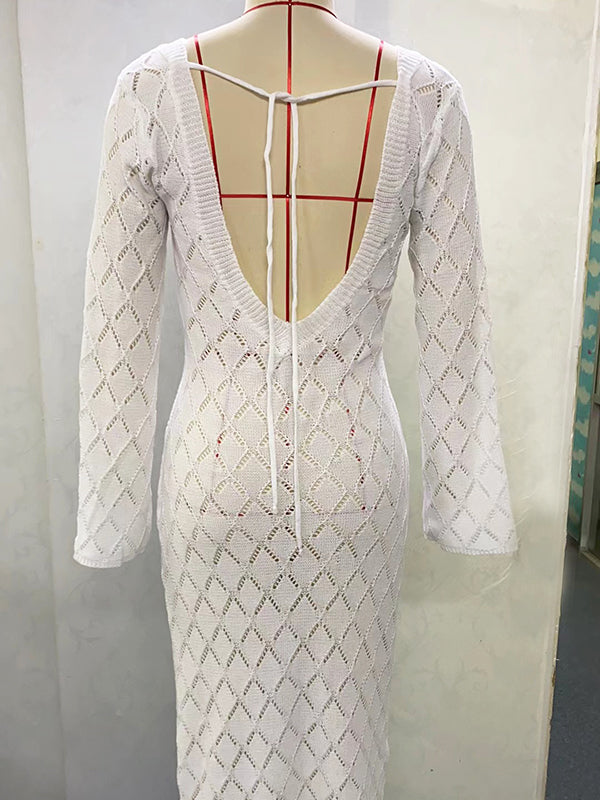 fotobeyou White Knitting Backless Tie Back Deep V-neck Photoshoot Maternity Maxi Dress