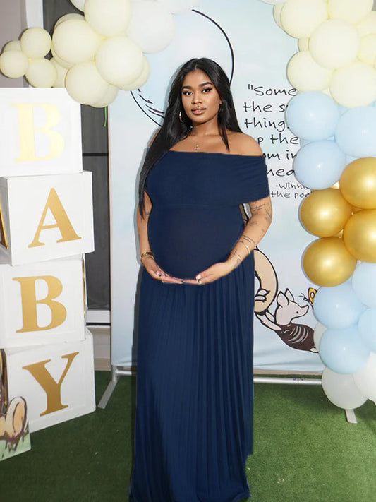 fotobeyou Solid Color Ruched Pleated Off Shoulder Big Swing Elegant Cocktail Party Maternity Photoshoot Baby Shower Maxi Dress