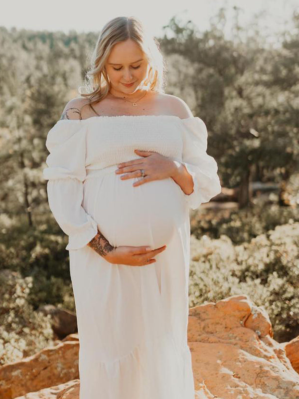 fotobeyou White Ruffle Ruched High Waist Puff Sleeve Cute Photoshoot Maternity Maxi Dress