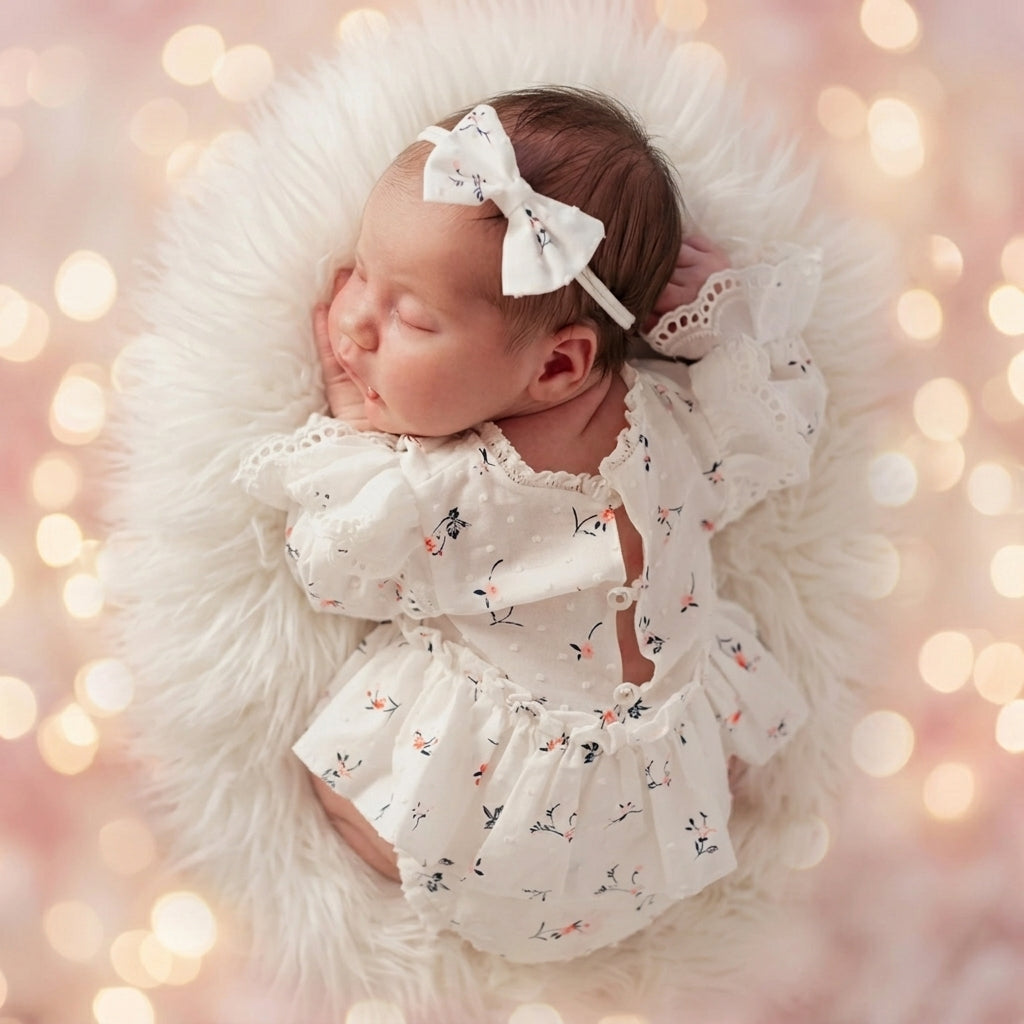 Swiss Dot Floral Newborn Romper Set - Baby Girl Photography Outfit with Headband
