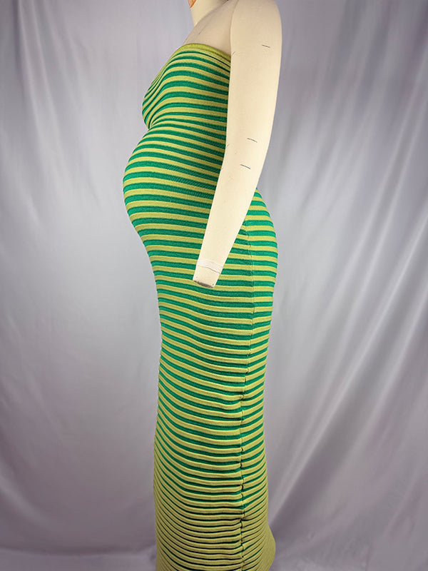 fotobeyou Striped Knitted Bandeau Strapless Bodycon Elegant Maternity Baby Shower Maxi Dress