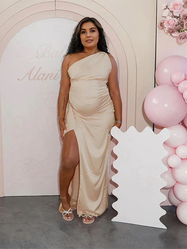 fotobeyou Apricot One Shoulder Backless Satin Side Slit Party Gown Baby Shower Maternity Maxi Dress