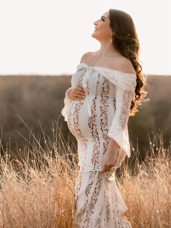 fotobeyou White Off Shoulder Lace Bandeau Tie Front Mermaid Bandage Gender Reveal Maternity Maxi Dress