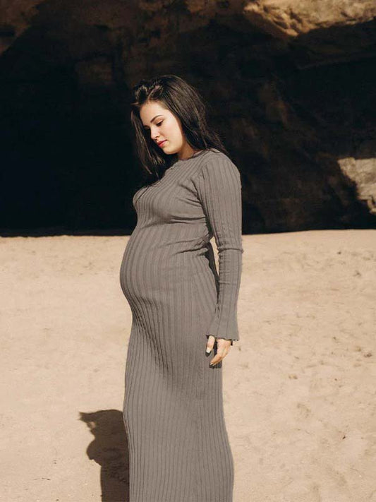 fotobeyou Pit Strip Back Belted Round Neck Flare Sleeve Bodycon Photoshoot Baby Shower Maternity Maxi Sweater Dress