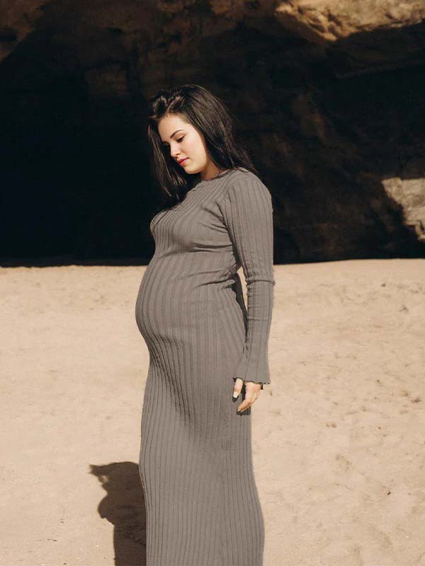 fotobeyou Pit Strip Back Belted Round Neck Flare Sleeve Bodycon Photoshoot Baby Shower Maternity Maxi Sweater Dress