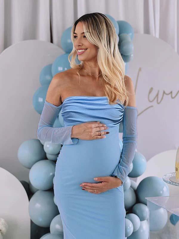 fotobeyou Blue Mesh Off Shoulder Ruched Elegant Maternity Baby Shower Maxi Dress