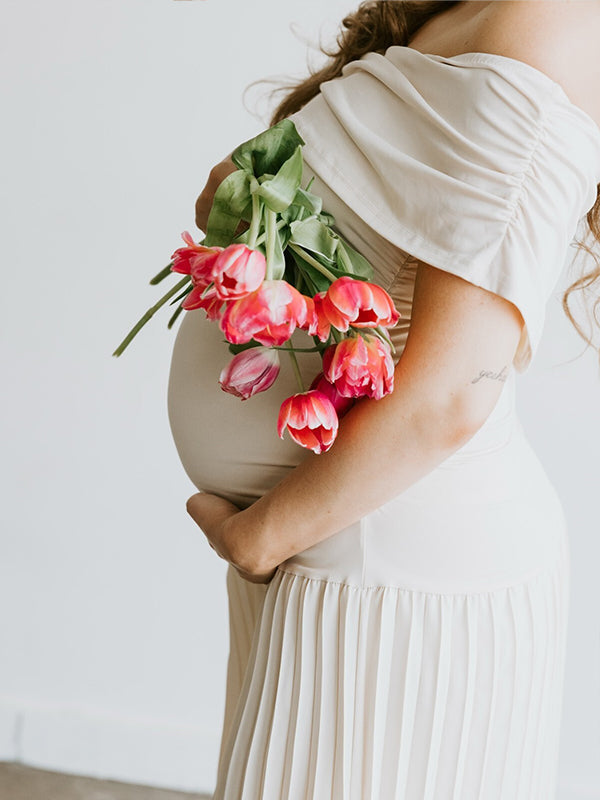 fotobeyou Apricot Off Shoulder Ruched Pleated Big Swing Maternity Baby Shower Maxi Dress