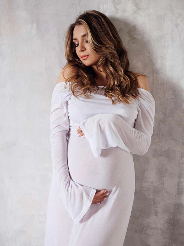 fotobeyou White Off Shoulder Backless Sheer Elegant Fashion Photoshoot Maternity Maxi Dress