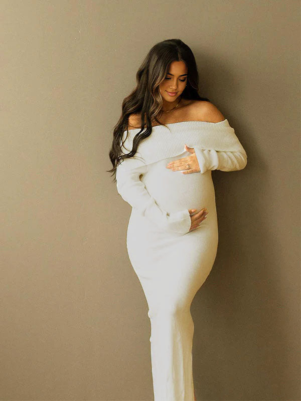 fotobeyou Off Shoulder Knit Bodycon Mermaid Going Out Baby Shower Maternity Sweater Maxi Dress