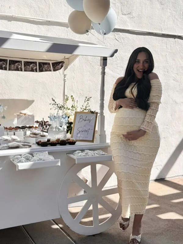 fotobeyou Beige Lace Off Shoulder Ruffle Falbala Bodycon Elegant Maternity Baby Shower Maxi Dress