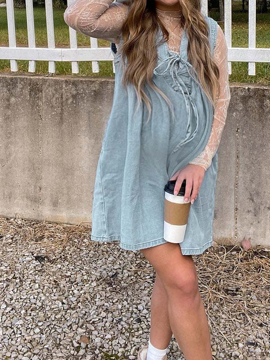 fotobeyou Light Blue  Tie Bow Wide Leg  Daily Going Out Maternity Denim Jumpsuit