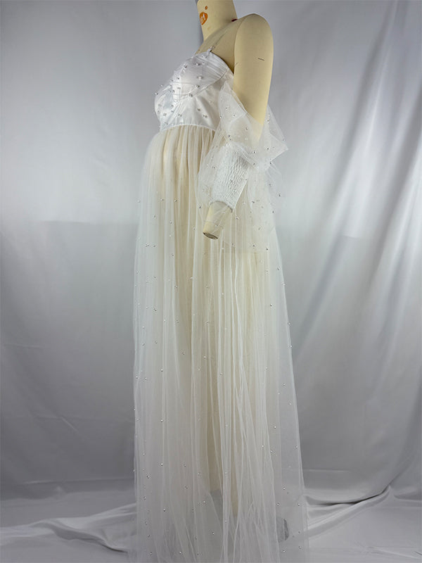 fotobeyou Pearl Off Shoulder Front Open Slit Sheer Elegant Photoshoot Maternity Maxi Dress