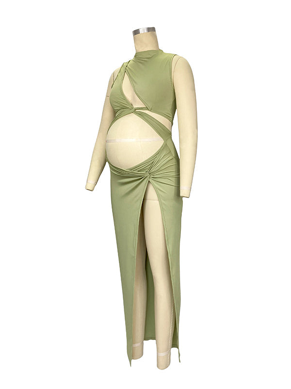 fotobeyou Olive Cut Out Irregular Split Ruffle Side Slit Bodycon Chic Photoshoot Maternity Maxi Dress