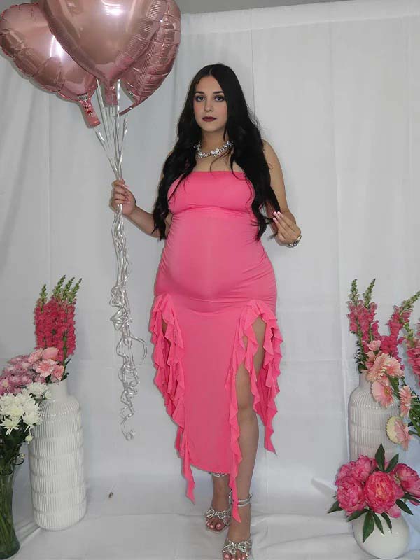 fotobeyou Rose Carmine Ruffle Slit Bodycon Fashion Party Photoshoot Babyshower Maternity Midi Dress