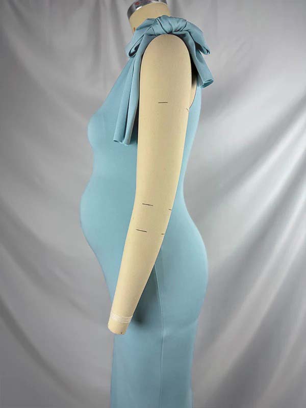 Blue Bowknot One Shoulder Elegant Maternity Baby Shower Maxi Dress