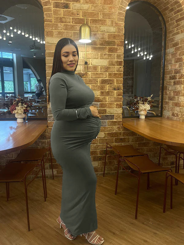 fotobeyou Solid Color Ruched High Neck Long Sleeve Bodycon Basic Going Out Elegant Maternity Baby Shower Maxi Dress