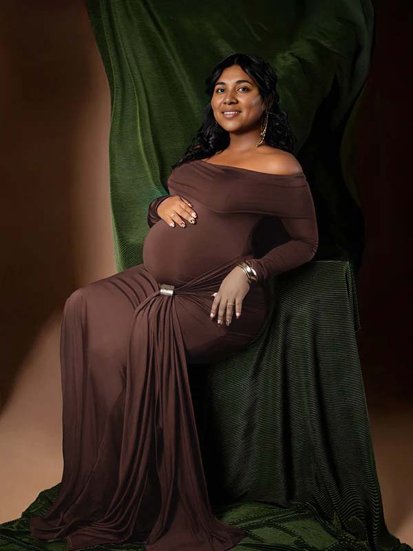 fotobeyou Off Shoulder Draped Ruched Metal Buckle Bodycon Elegant Maternity Photoshoot Maxi Dress