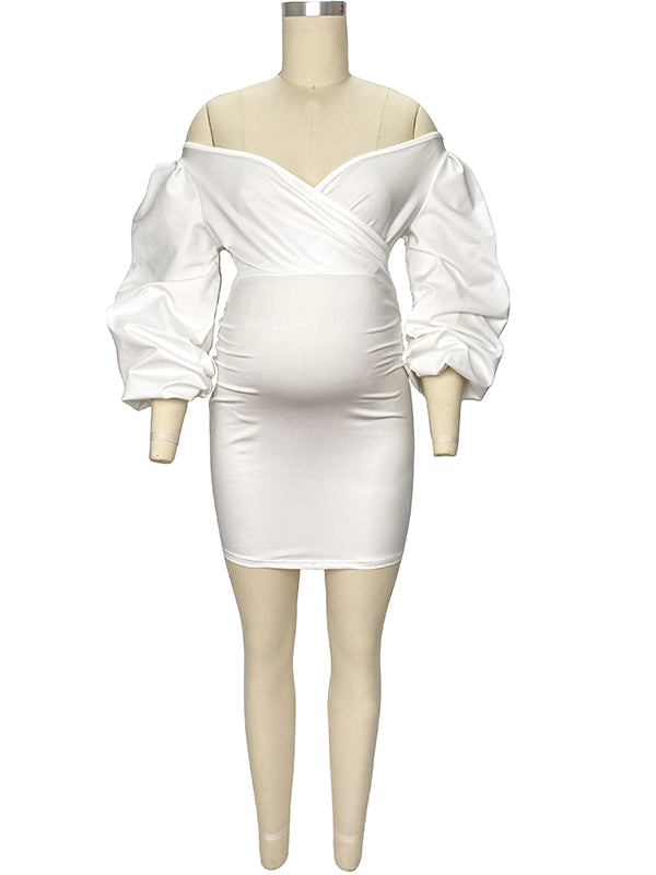fotobeyou White Off Shoulder Backless V-Neck Lantern Sleeve Bodycon Party Cute Baby Shower Maternity Mini Dress