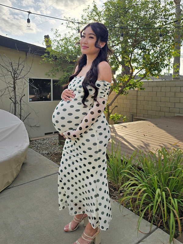 fotobeyou White Off Shoulder Olive Green Polka Dot Bodycon Boho Photoshoot Baby Shower Maternity Maxi Dress