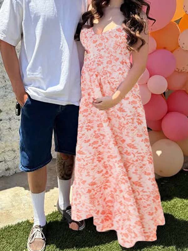 fotobeyou Printed Cami Big Swing Backless Elegant Maternity Maxi Dress
