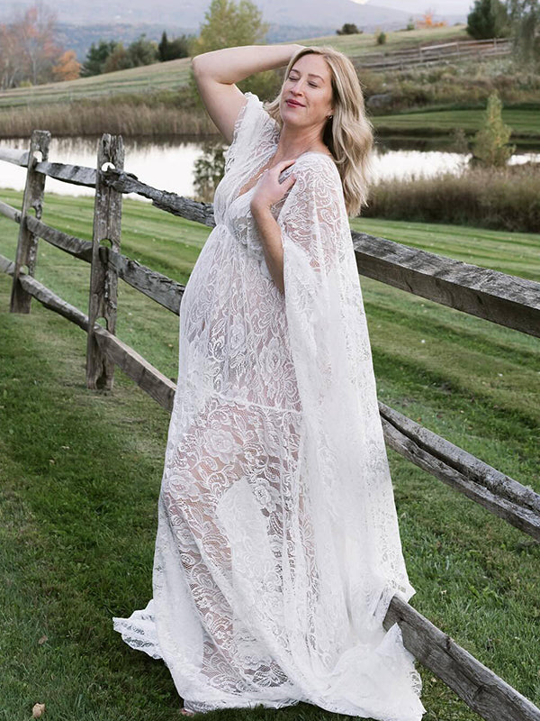 fotobeyou Floral Lace Backless Boho Baby Shower Flare Sleeve Pregnant Maternity Photoshoot Maxi Dress