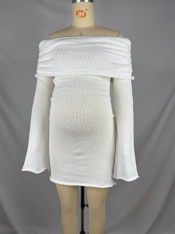 fotobeyou White Solid Color Off Shoulder Knit Bodycon Beach Vacation Photoshoot Baby Shower Maternity Maxi Dres
