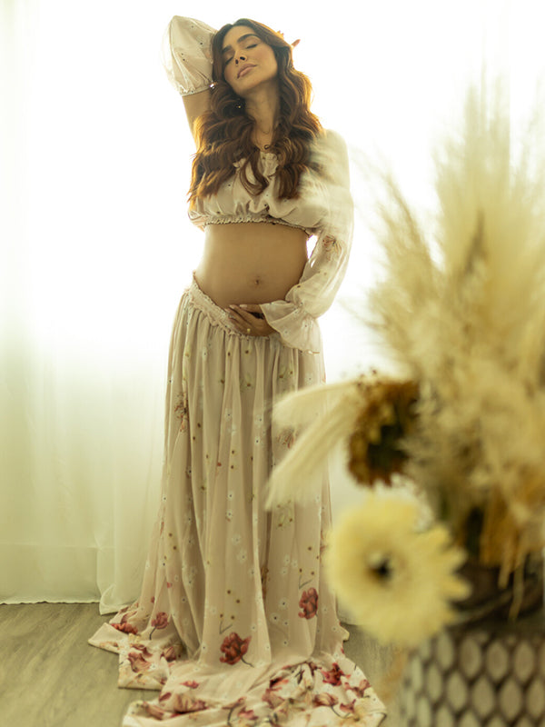 fotobeyou Two Piece Boho Flower Printing Off Shoulder Chiffon Crop Bandeau Photoshoot Maternity Maxi Dress
