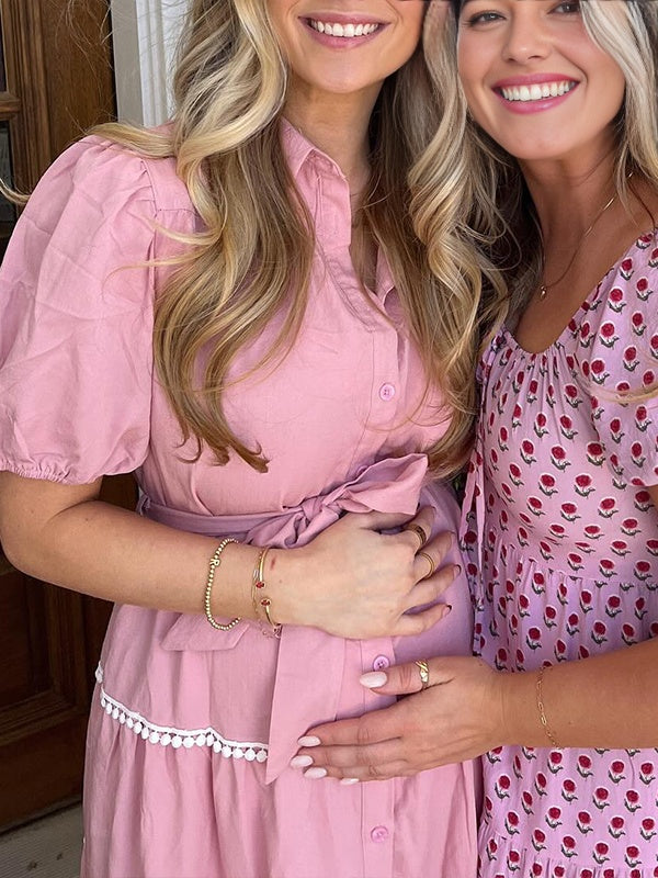 fotobeyou Pink Lace-up Buttons Ruched Puff Sleeve Daily Going out Baby Shower Maternity Photoshoot Maxi Dress