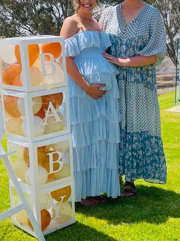 fotobeyou Blue Tulle Off Shoulder Layered Ruffle Falbala Dreamy Maternity Baby Shower Maxi Dress
