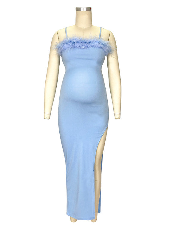 fotobeyou Spaghetti Strap Off Shoulder Feather Splicing Side Slit Bodycon Party Maternity Maxi Dress