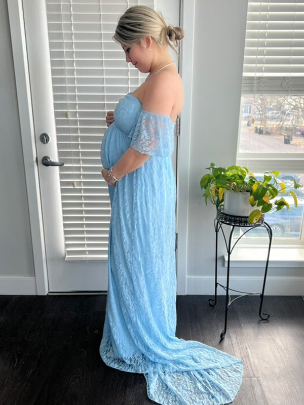 fotobeyou Solid Color Lace Off Shoulder Cap Sleeve Photoshoot Maternity Maxi Dress