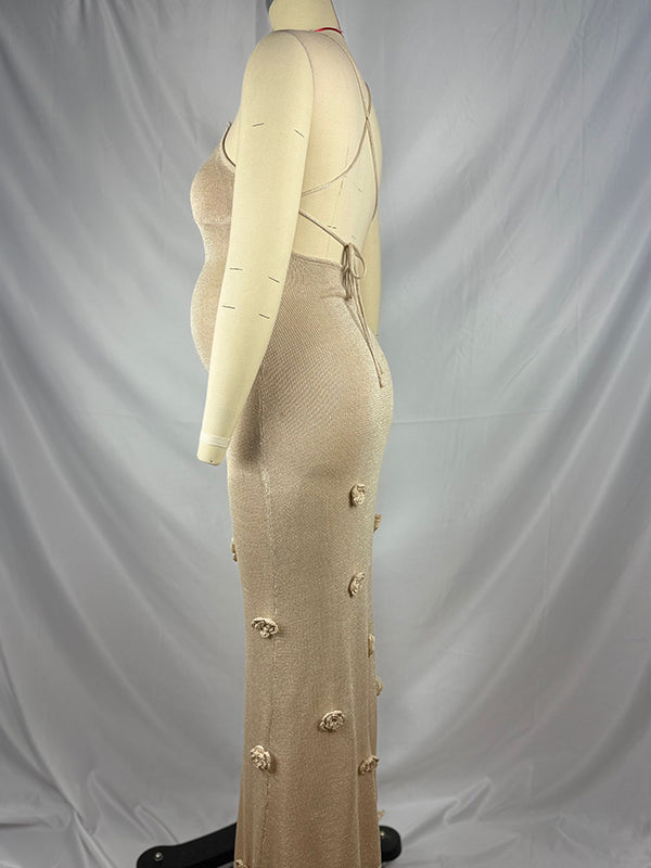 fotobeyou Shiny 3D Flowers Cami Backless Knitwear Elegant Maternity Photoshoot Maxi Dress