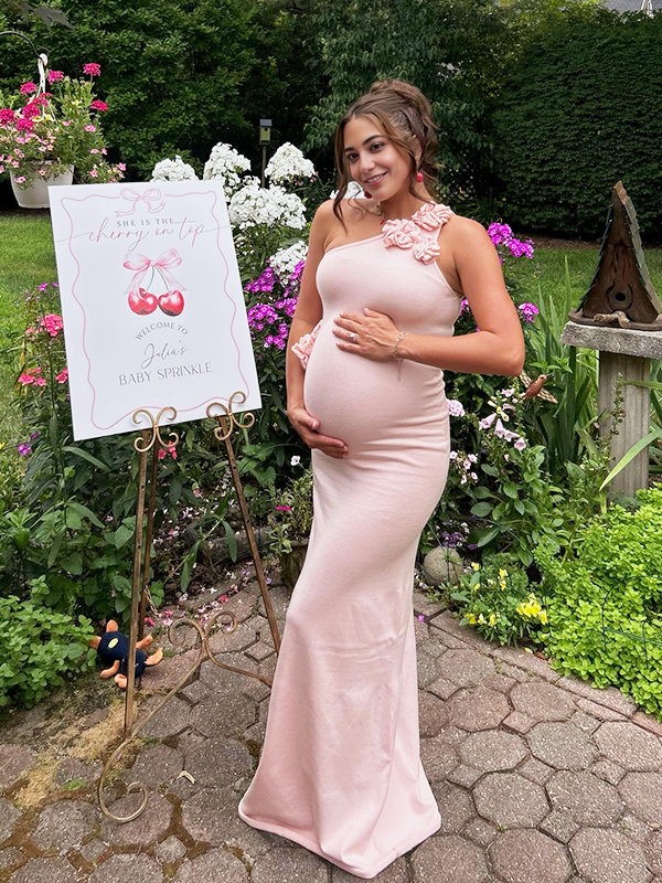 fotobeyou Pink Knit 3D Flowers One Shoulder Mermaid Maternity Maxi Dress