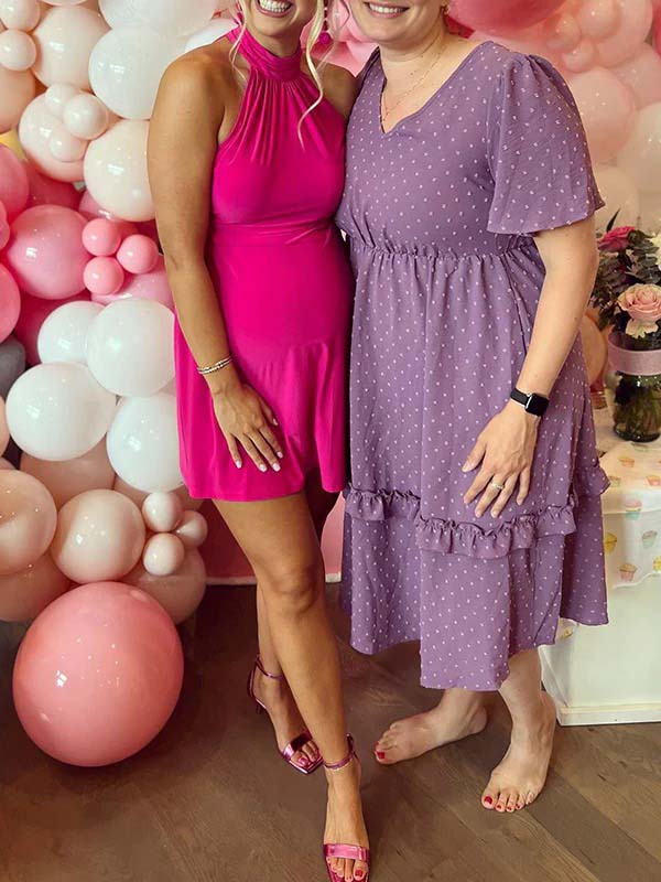 fotobeyou Rose Carmine Open Back Halter Neck Buttons Ceremony  Banquet Maternity Photoshoot Mini Dress