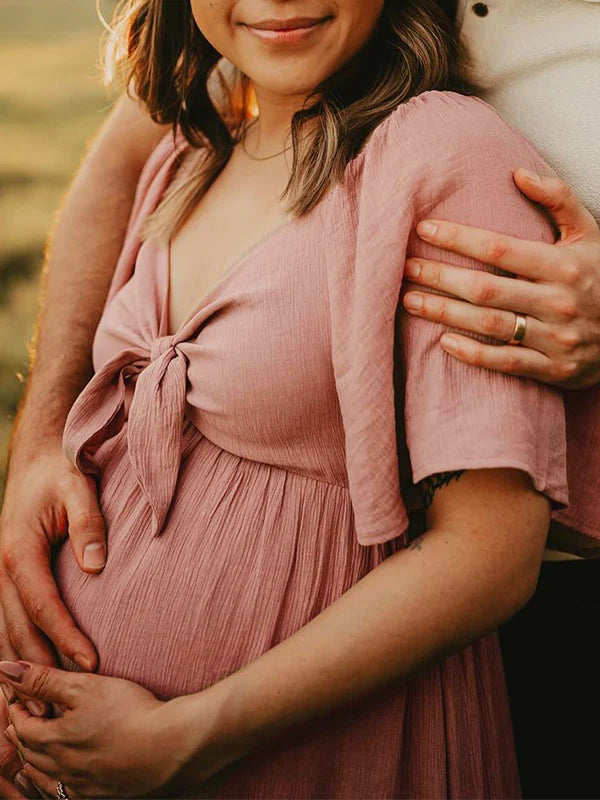 fotobeyou Bow Flutter Sleeve Solid V-neck Flowy Cute Gender Reveal Maternity Maxi Dress