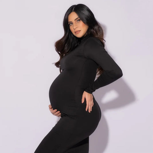Maternity Elegant Elastic High Neck Slim Fit Dress