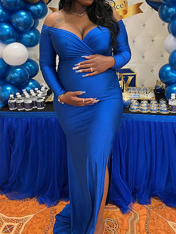 fotobeyou Blue Off Shoulder Long Sleeve High Split Bodycon Solid Baby Shower Party Gown Maternity Maxi Dress