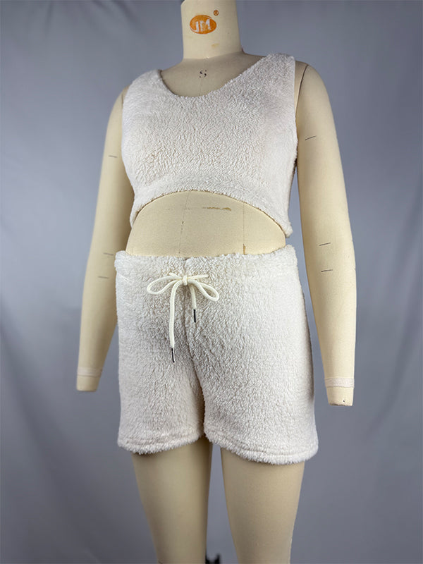 fotobeyou Ivory Three-piece Cozy Knit Set Plus Size Crop Top Cardigan Fluffy Loungewear Casual Daily Maternity Outfit